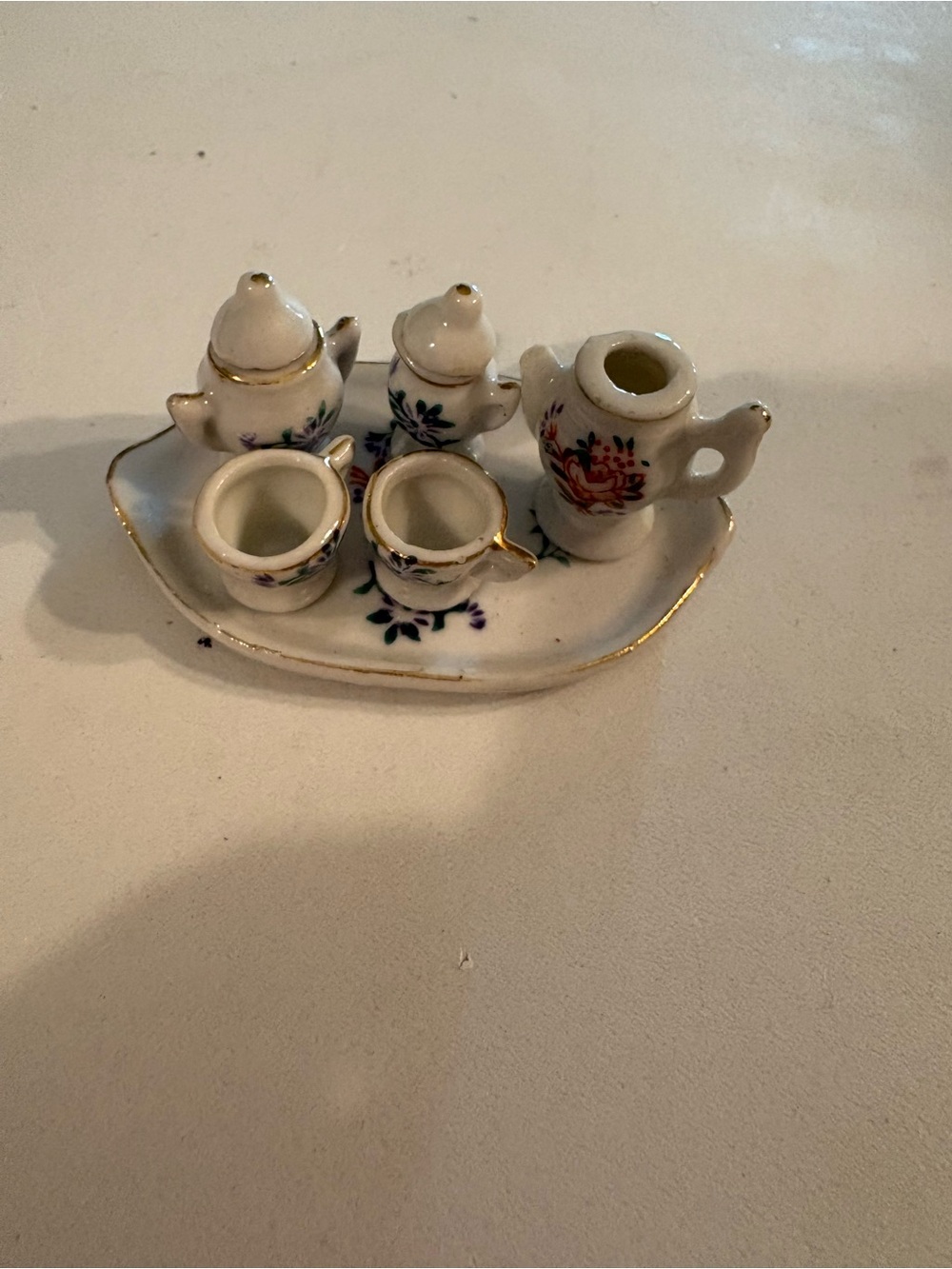 Miniature Porcelain Tea Set - White with Floral Accents and Gold Trim